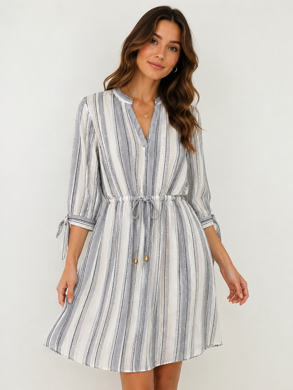 Blush XL Striped Tunic Dress White & Black | Waist Tie Casual Chic 3/4 Sleeve